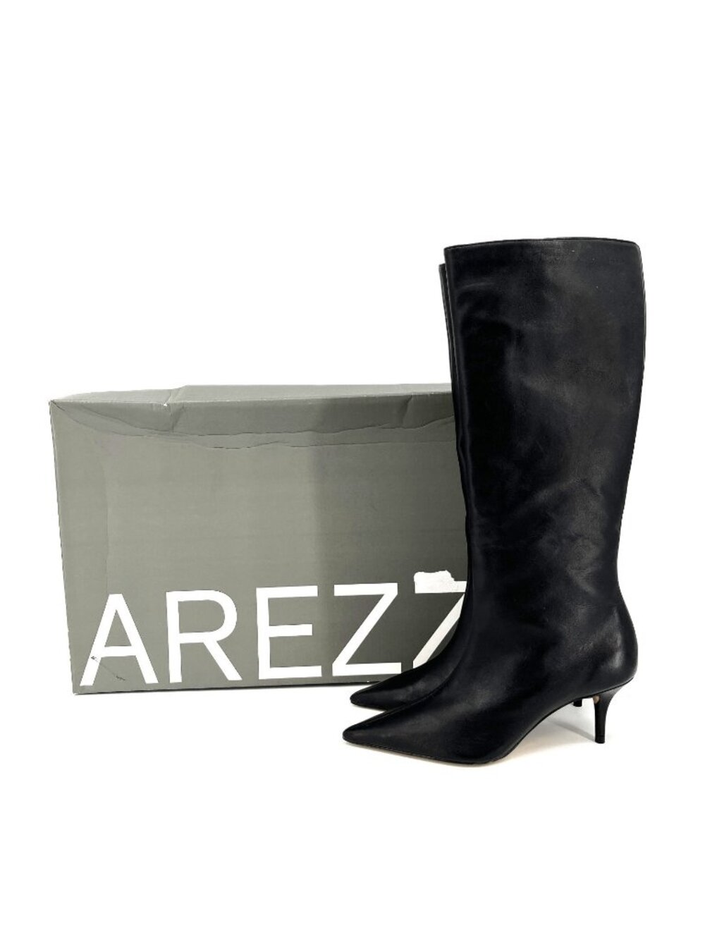 Arezzo Skye Low Stiletto Boots Black Size 6.5B Leather Knee High Pointed Toe